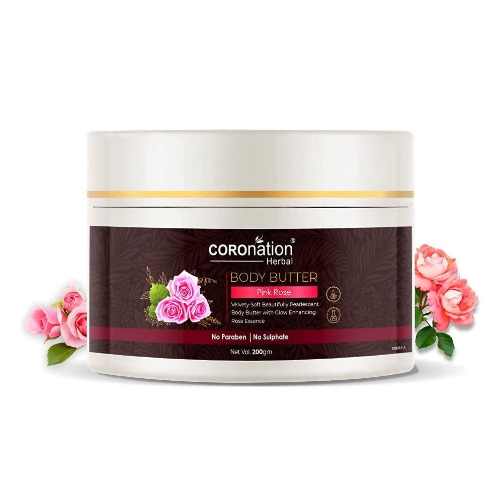 Jar of Coronation Herbal Body Butter with pink roses on a white background