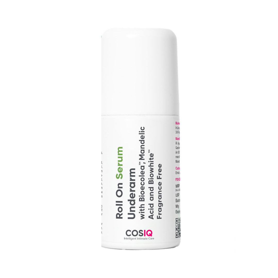 CosIQ Underarm Roll On Serum bottle on a white background