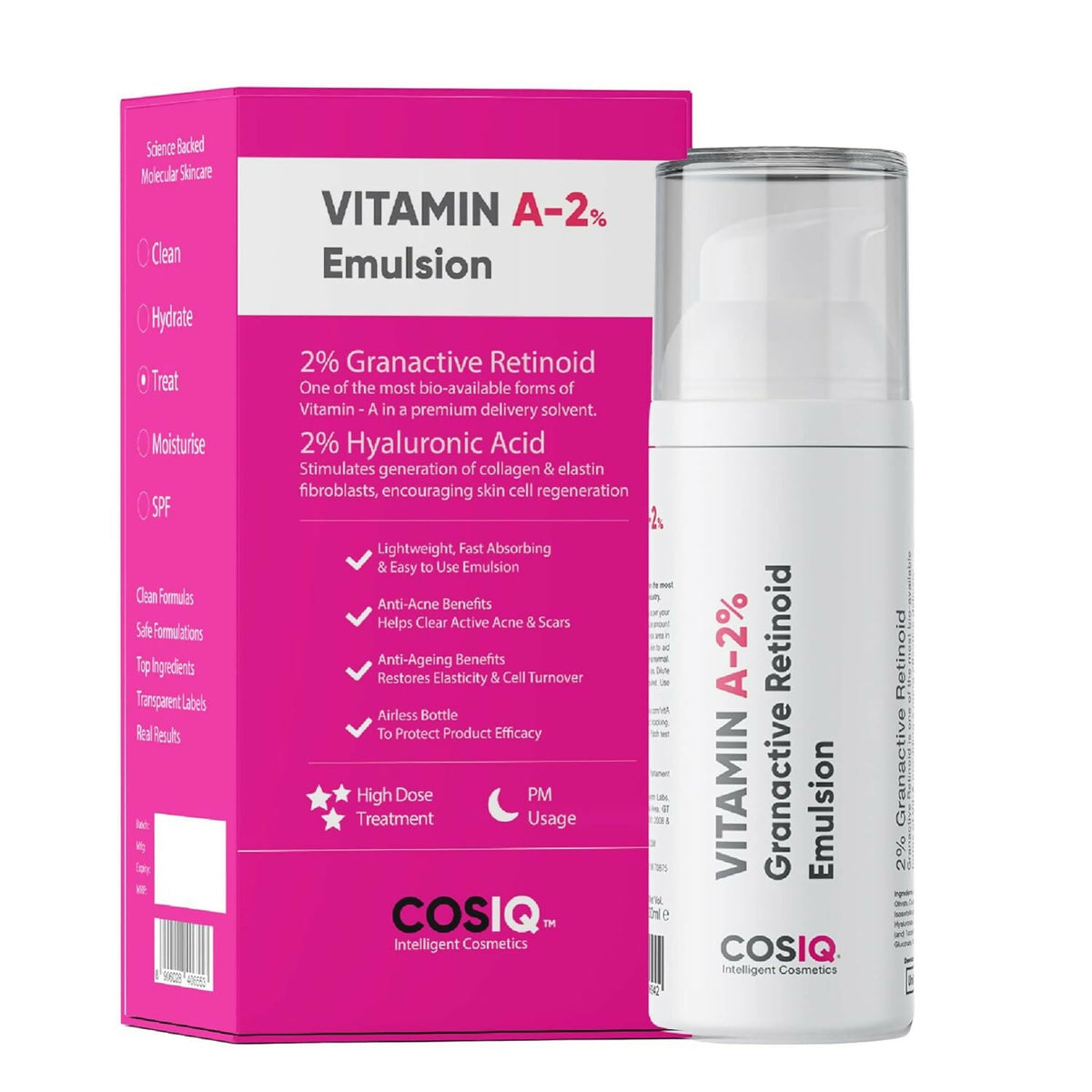 CosIQ Vitamin A-2% Granactive Retinoid Emulsion packaging and bottle on a white background