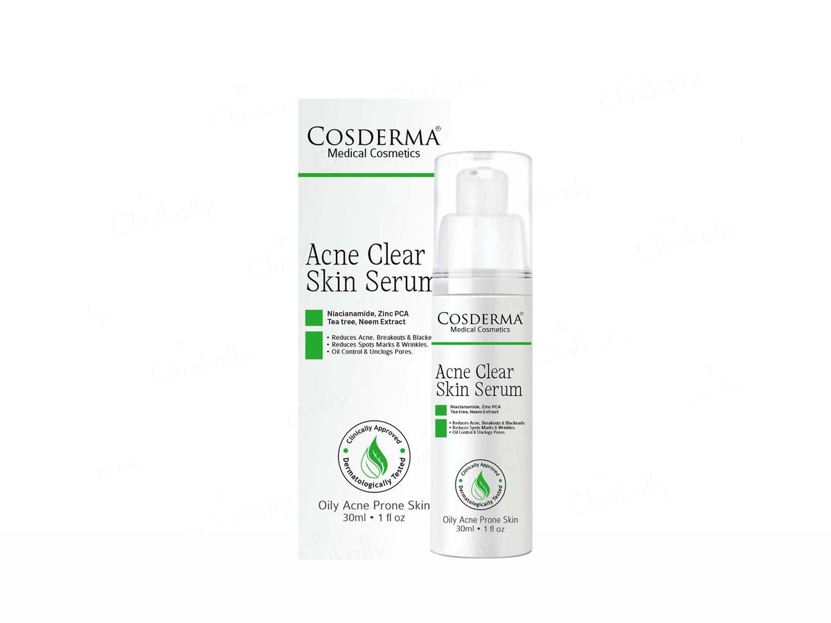 Cosderma Acne Clear Skin Serum bottle and packaging on a white background