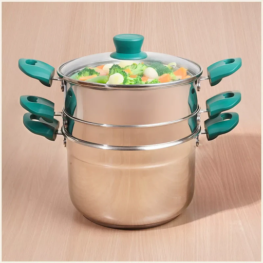 The Indus Valley Tri-steel Multi Cooker Pot Premium Stainless Steel Momo Maker/ Idiyappam/ Biryani/  Veg Steaming Set, 3 Pots, 21cm