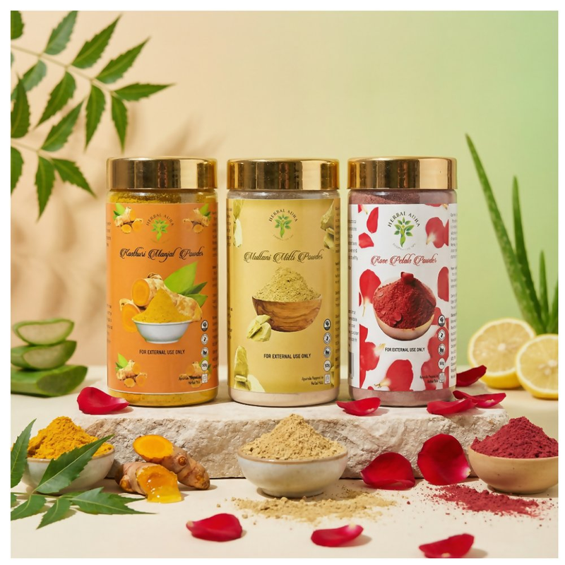 Herbal Aura Rose Petals Powder Kasturimajal Powder Multani Mitti Powder