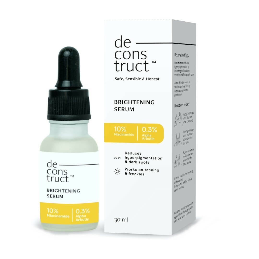 Deconstruct brightening serum bottle and packaging on a white background