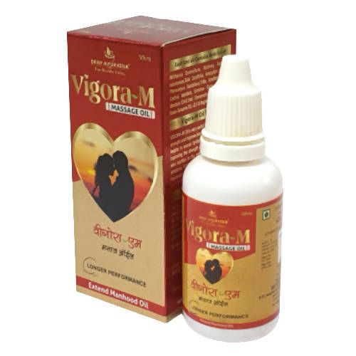 Vigora-M massage oil bottle and packaging on a white background