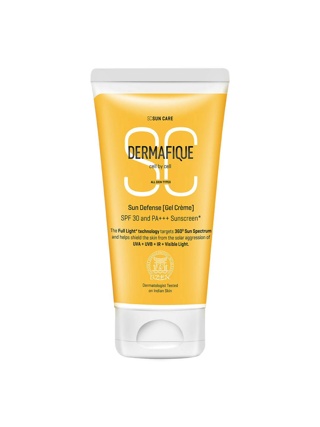 Dermafique Sun Defense Gel Creme sunscreen tube on a white background