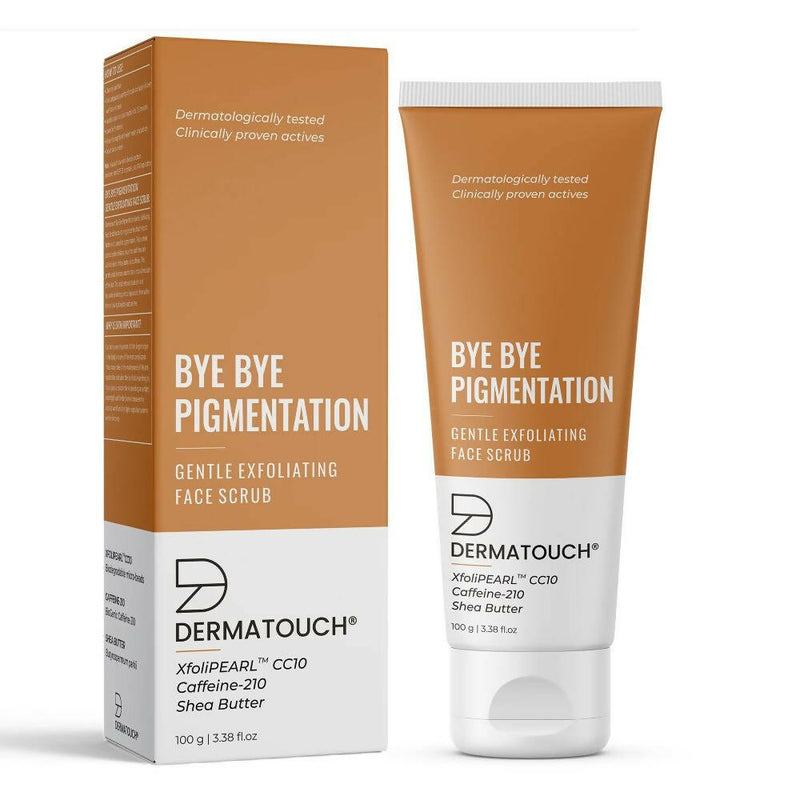 Packaging of Dermatouch Bye Bye Pigmentation Gentle Exfoliating Face Scrub with a tube and box, displaying key ingredients such as shea butter and caffeine, and a dermatologically tested label.