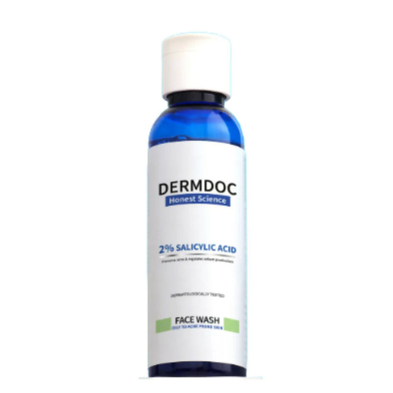 A blue bottle of Dermdoc Salicylic Acid Face Wash with white and green labeling.