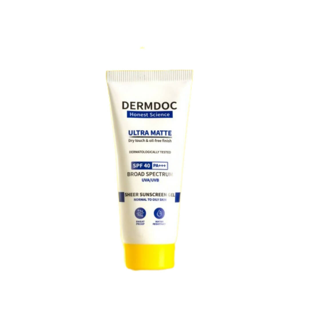 Tube of Dermdoc sunscreen on a white background