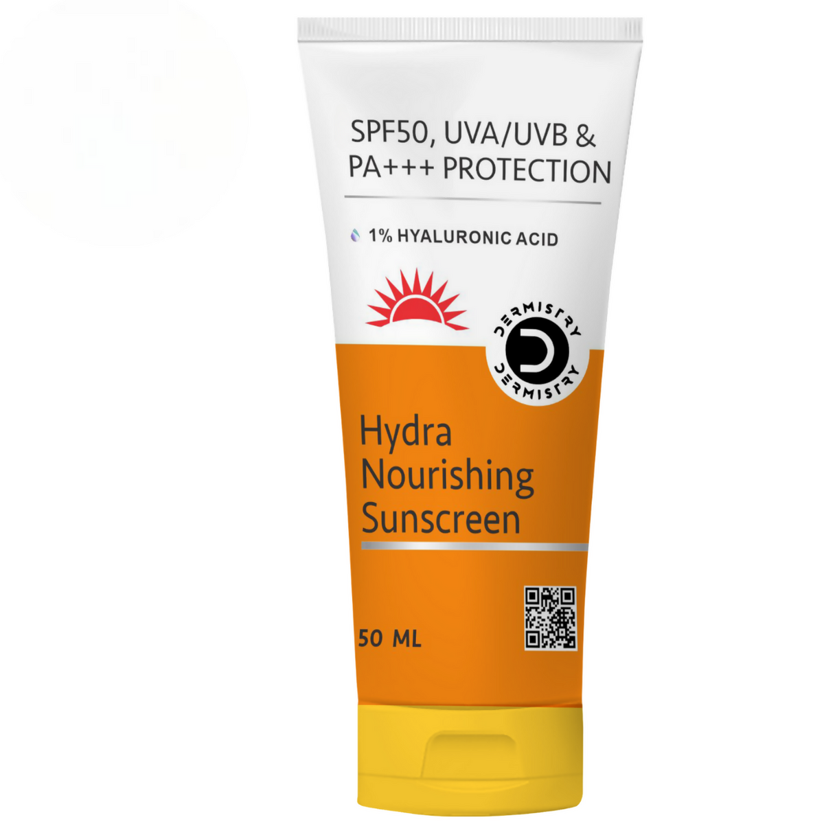 Tube of Hydra Nourishing Sunscreen with SPF50, UVA/UVB protection on a white background