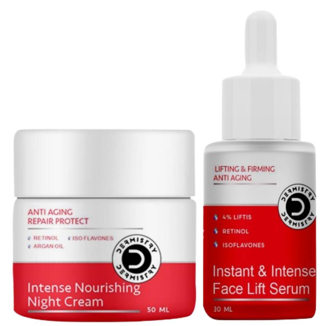 Two skincare products: a jar of night cream and a dropper bottle of face lift serum, both with red and white labels.