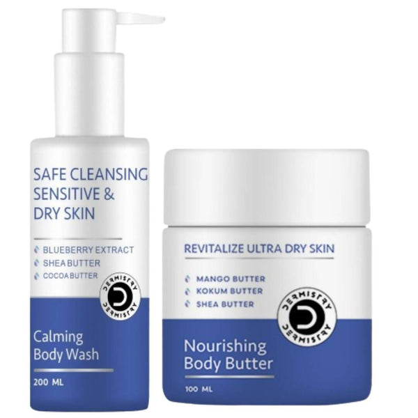 Two skincare products, a body wash and a body butter, from Dermispa on a white background.