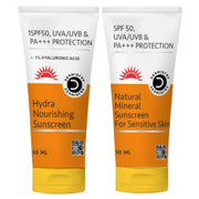 Two tubes of sunscreen with orange and white labels on a white background