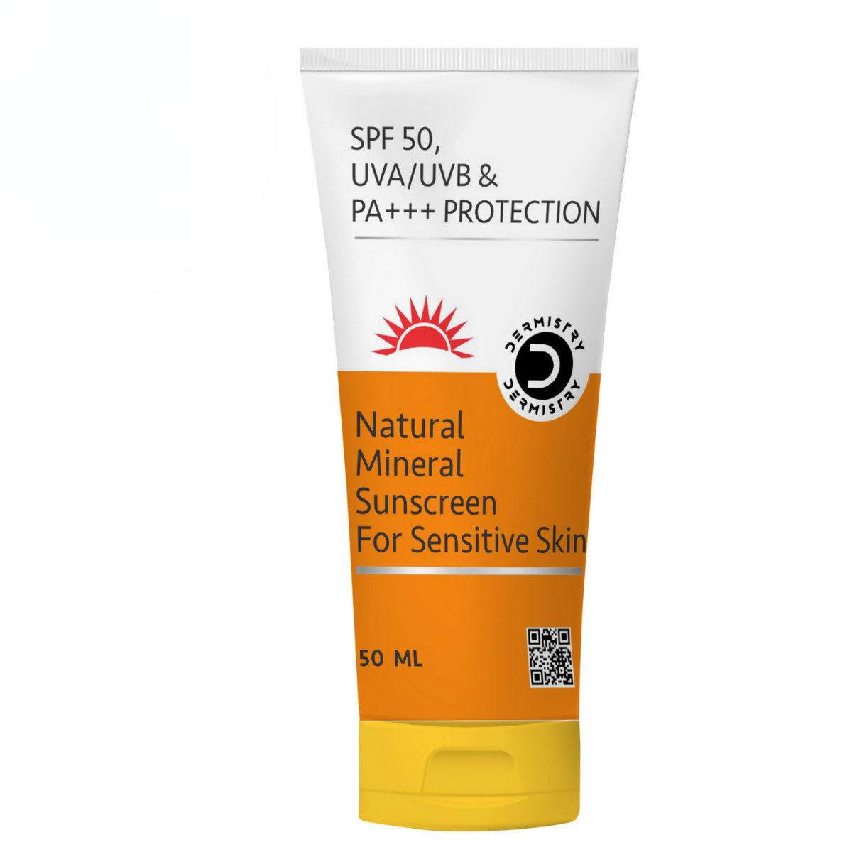 Sunscreen tube with SPF 50, UVA/UVB & PA+++ protection on a white background