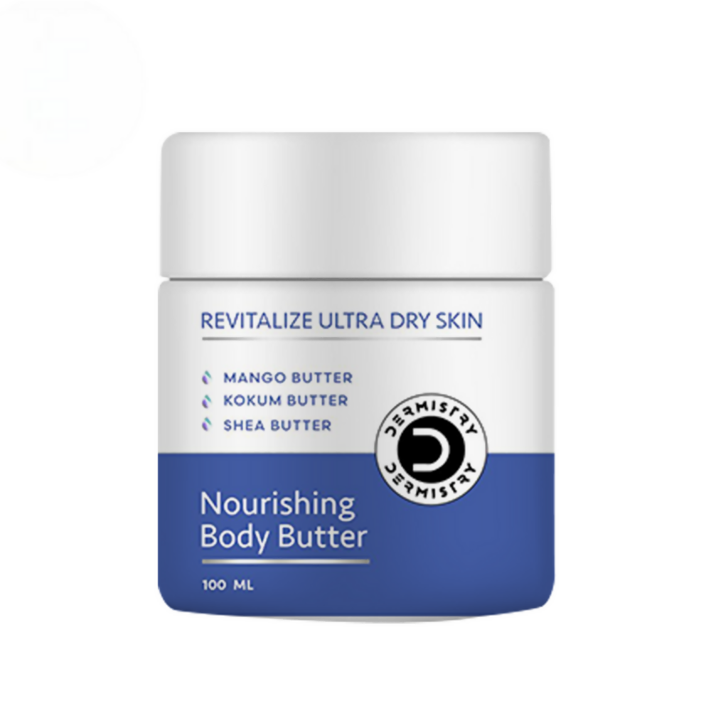 Nourishing body butter jar with blue and white design on a white background