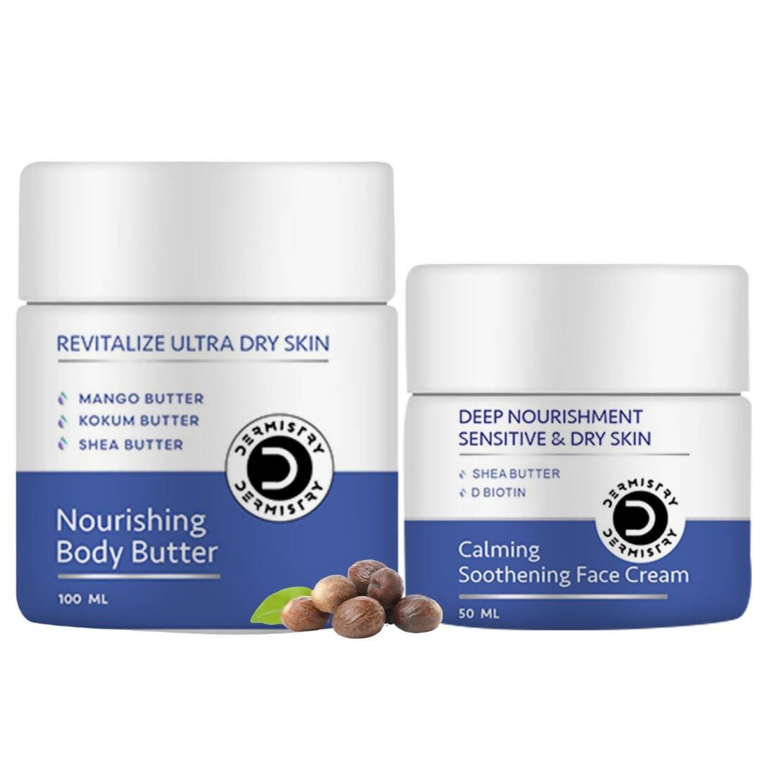 Two skincare products from Dermist, a nourishing body butter and a calming soother cream, on a white background.