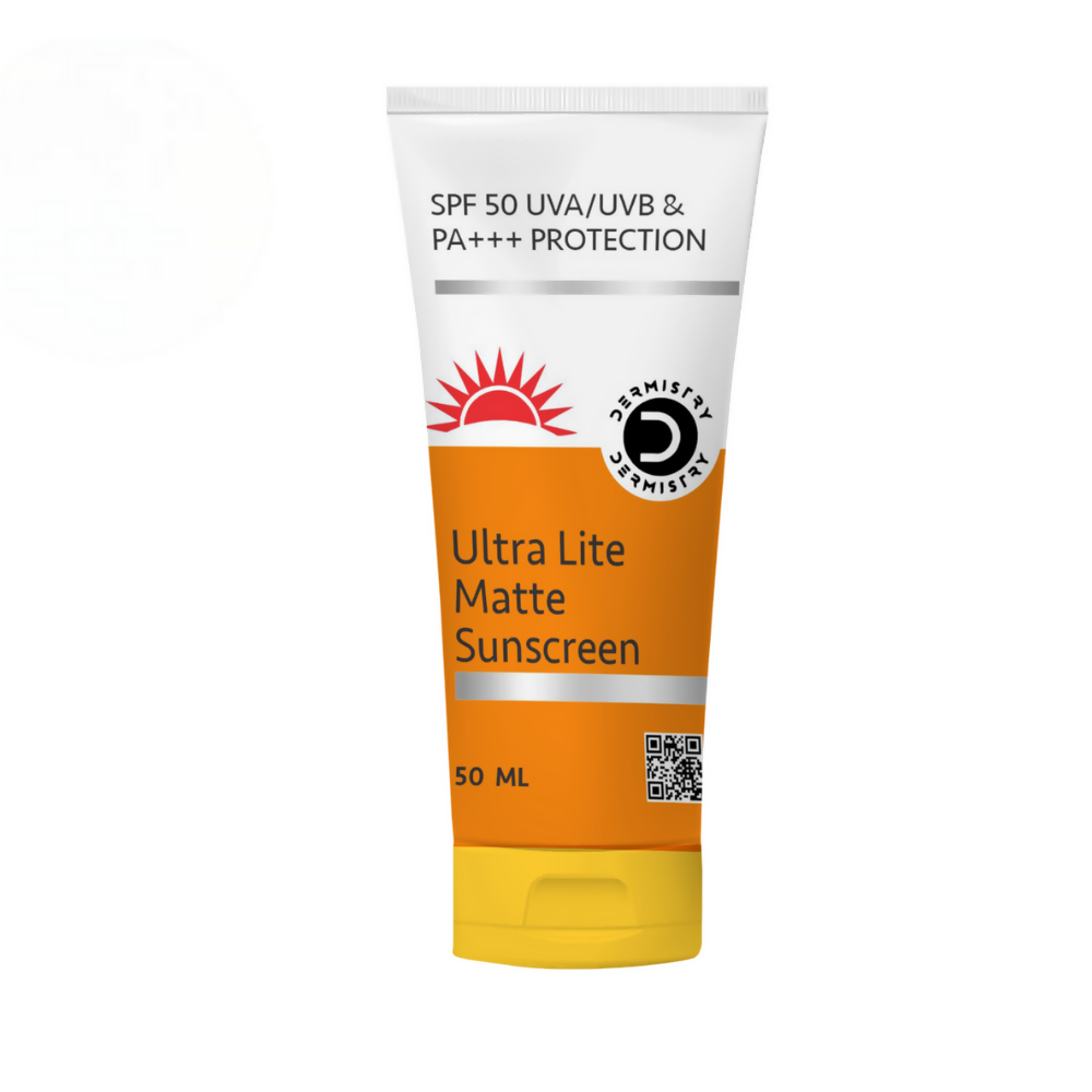 Sunscreen tube with SPF 50 UVA/UVB & PA+++ protection on a white background