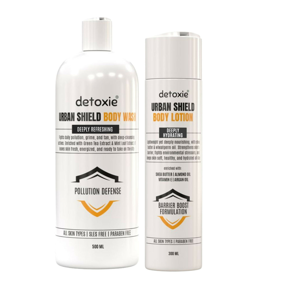 Two bottles of Detoxie Urban Shield Body Wash and Body Lotion on a white background