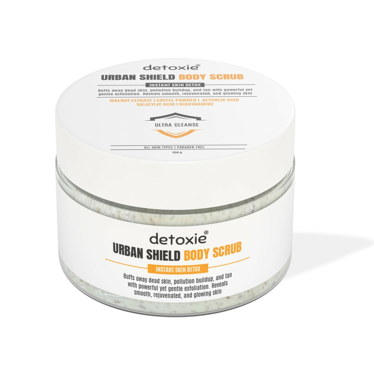 Detoxie Urban Shield Body Scrub container on a white background