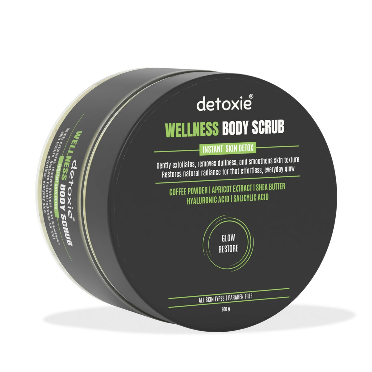 Detoxie Wellness Body Scrub container on a white background