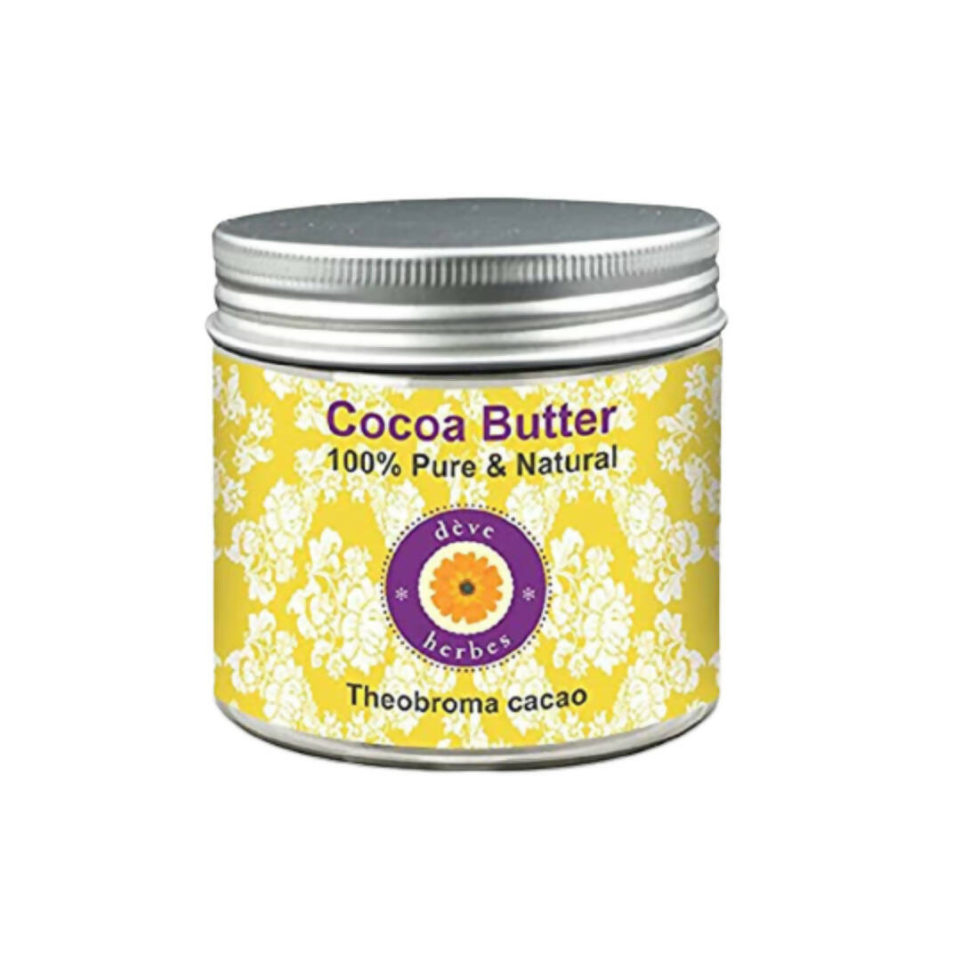 Jar of cocoa butter with a yellow label on a white background