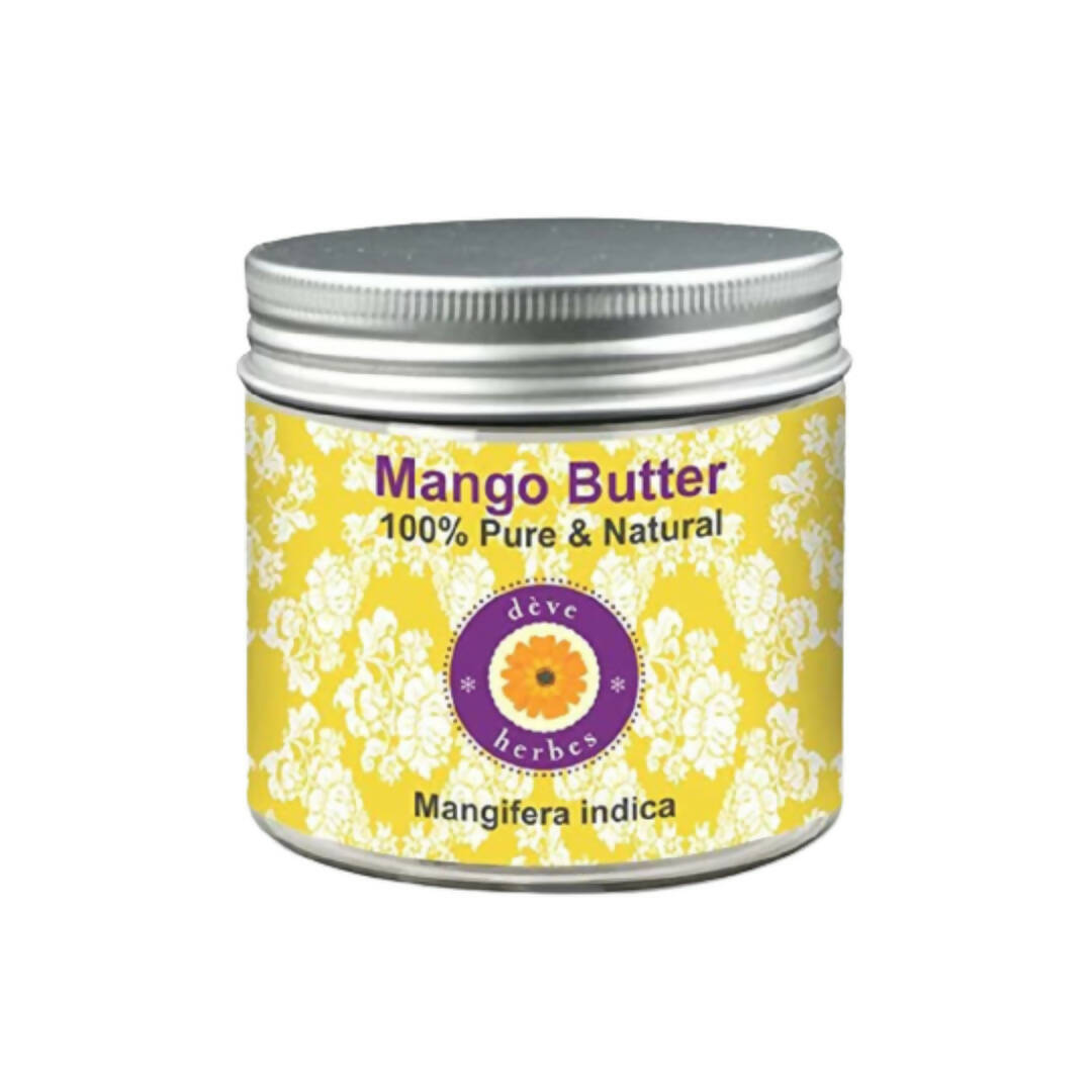 Jar of mango butter with a decorative label on a white background