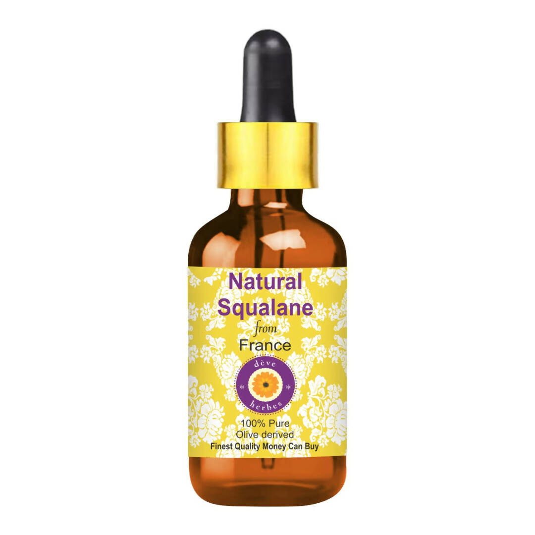 Bottle of Natural Squalane from France with a yellow label on a white background