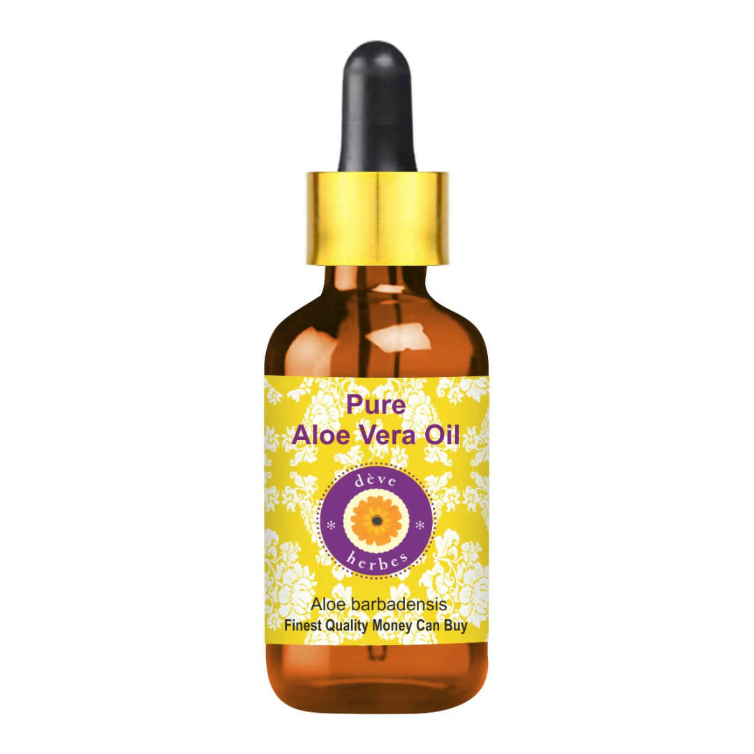 Bottle of pure aloe vera oil with a yellow label on a white background