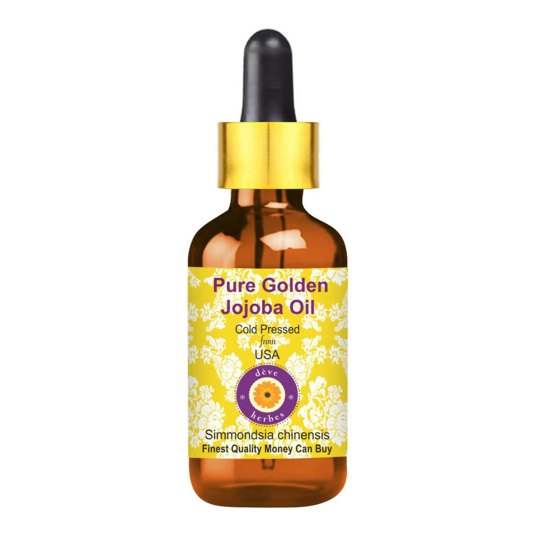 Bottle of pure golden jojoba oil with a dropper on a white background
