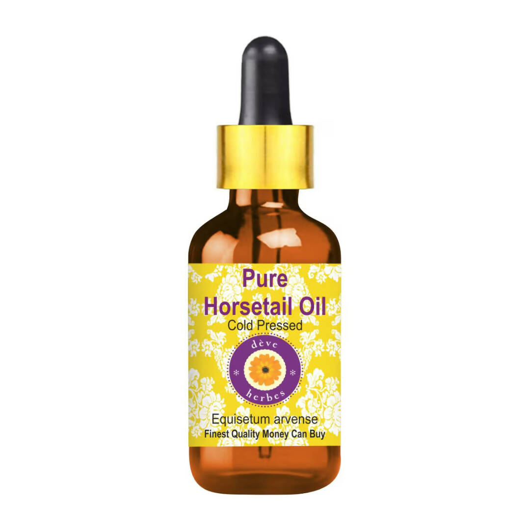 Bottle of pure horsetail oil with a yellow dropper on a white background
