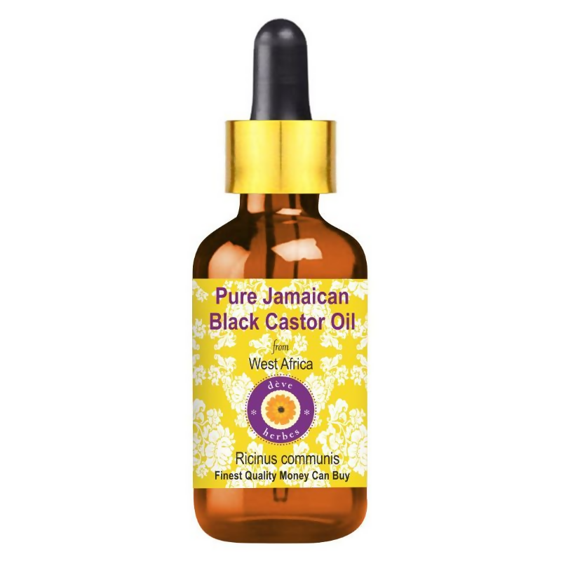 Bottle of Pure Jamaican Black Castor Oil with a yellow label on a white background