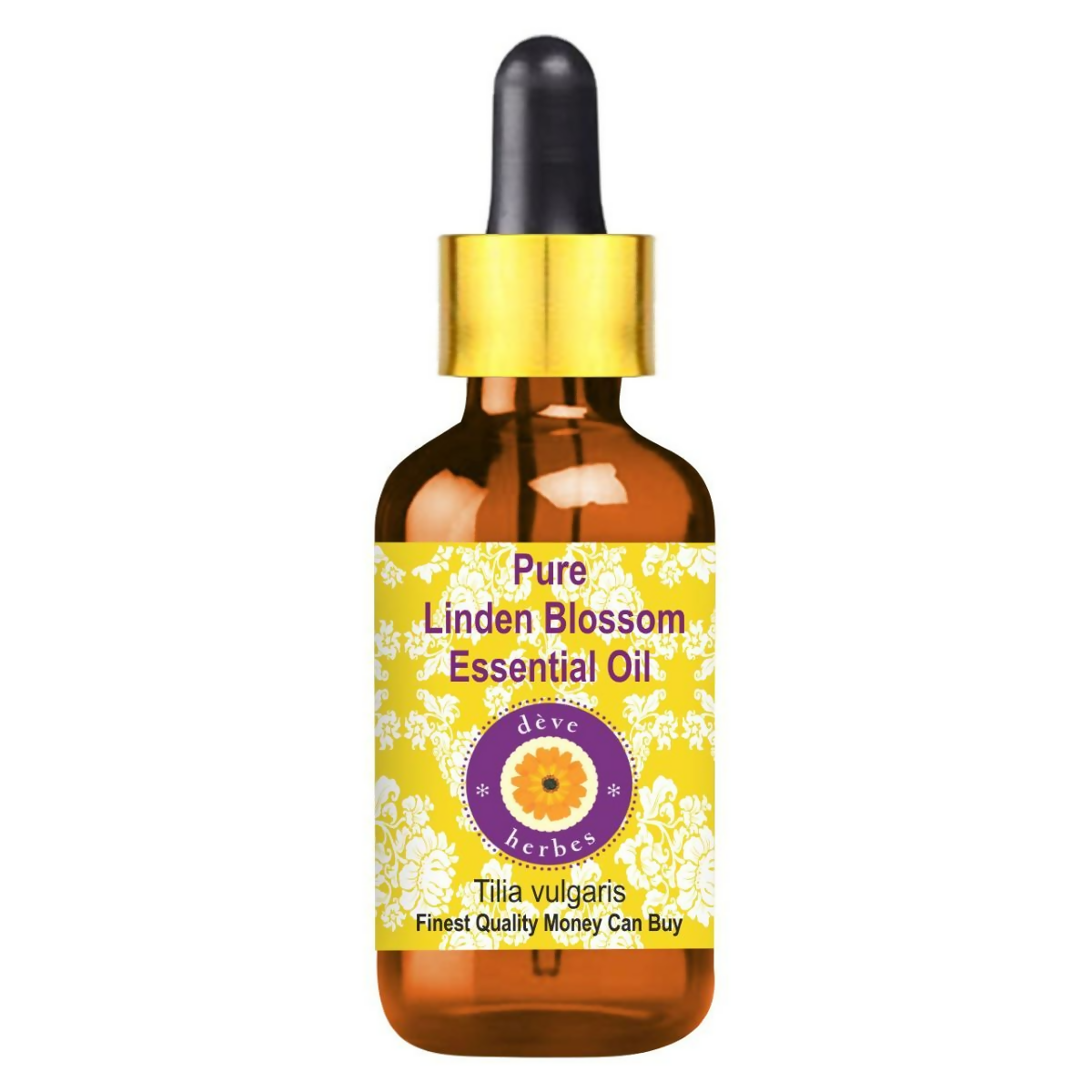 Bottle of Pure Linden Blossom Essential Oil with a yellow label on a white background