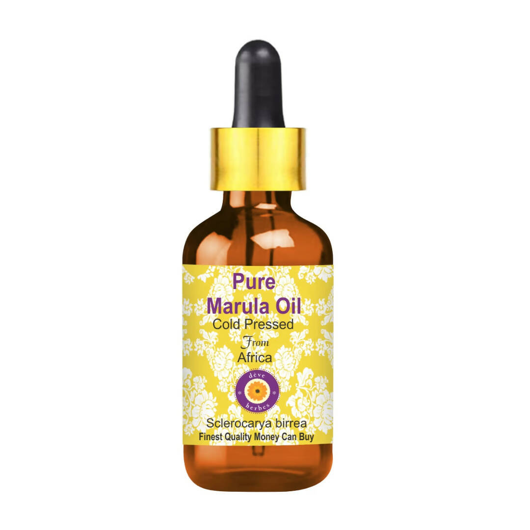 Bottle of Pure Marula Oil with a dropper on a white background