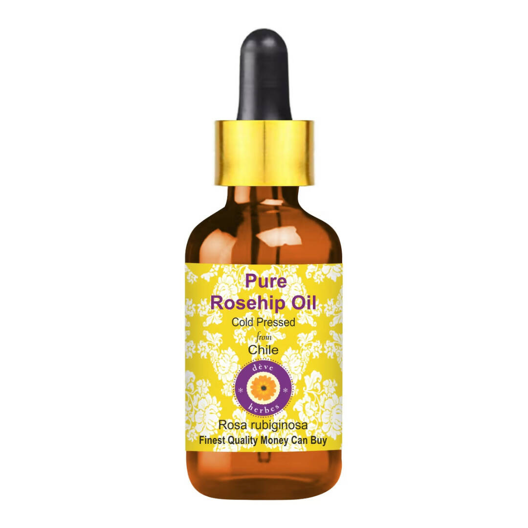 Bottle of Pure Rosehip Oil with a yellow label on a white background