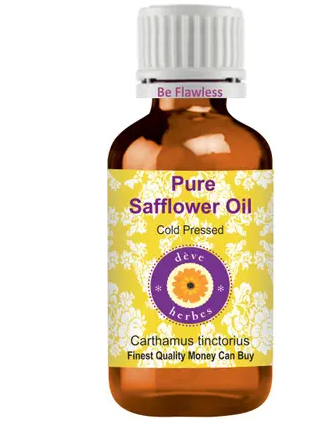 Bottle of pure safflower oil with a yellow label on a white background