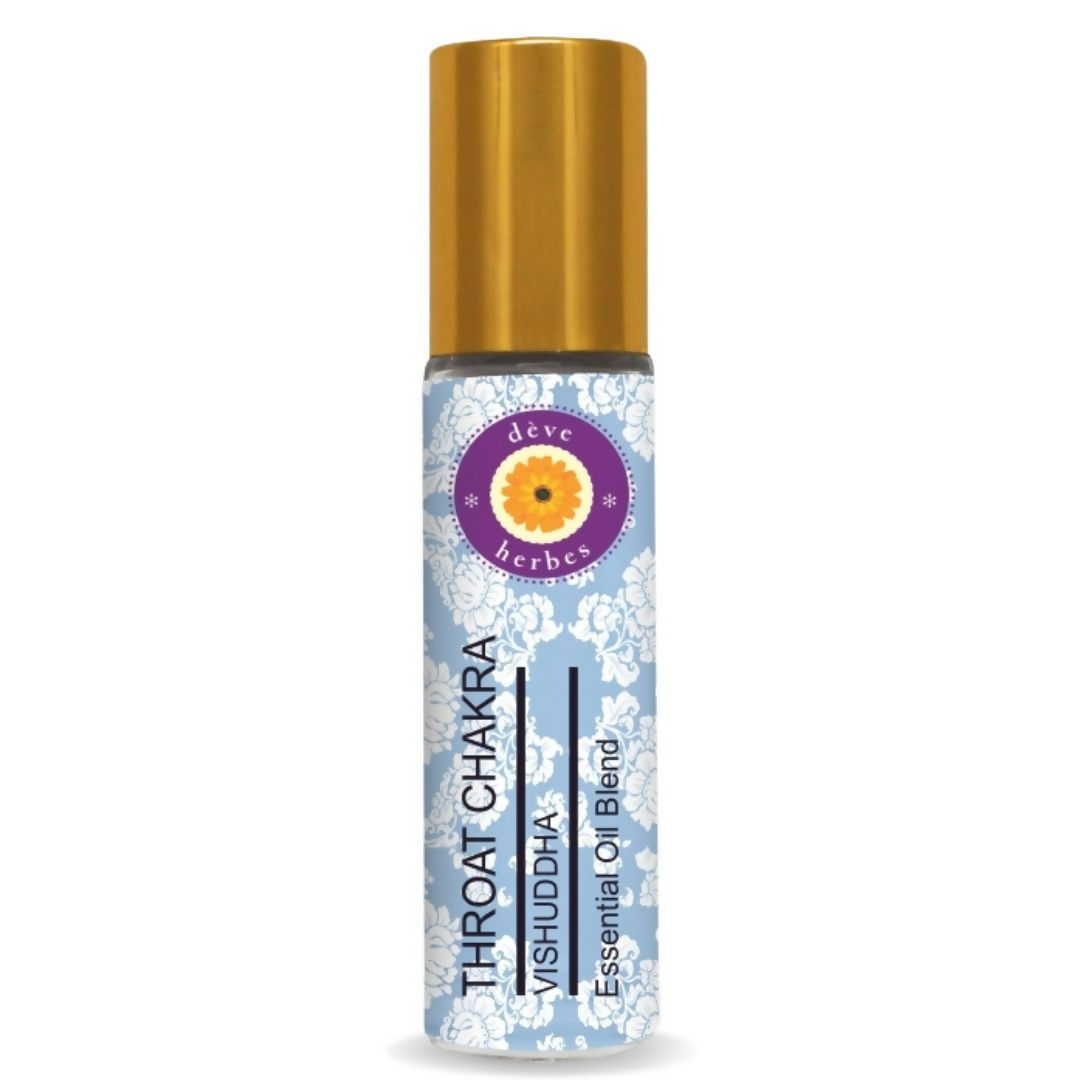 Deve Herbes Throat Chakra Vishuddha essential oil blend bottle on a white background