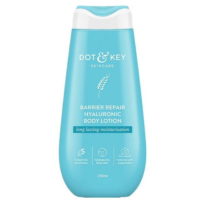 Blue bottle of Dot & Key Barrier Repair Hyaluronic Body Lotion on a white background