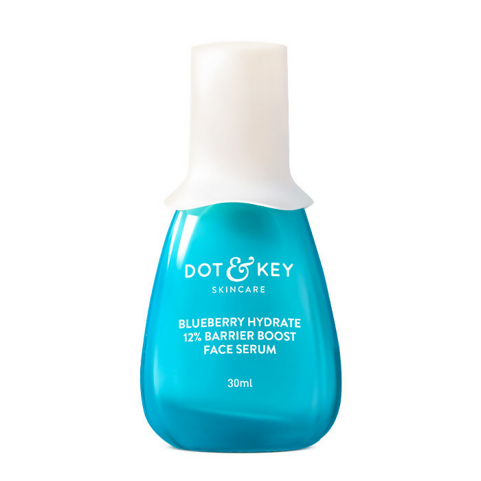 Blue bottle of Dot & Key skincare serum on a white background