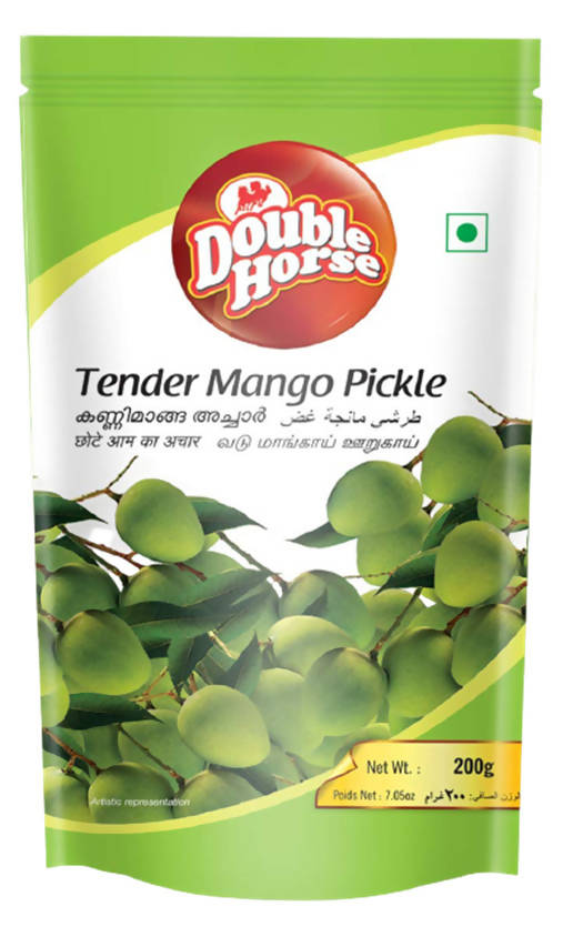 Double Horse Tender Mango Pickle packaging with green leaves on a white background