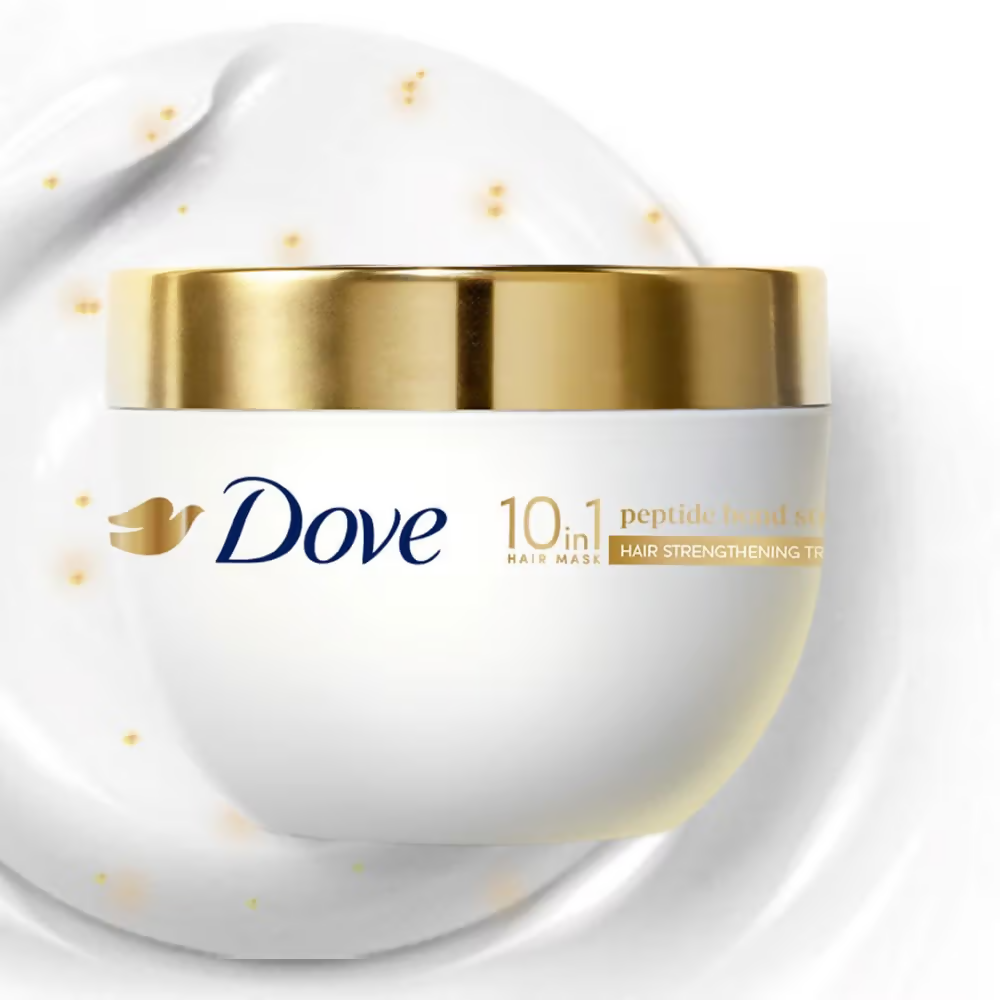 Dove 10-in-1 peptide hair mask container with gold lid on a white background