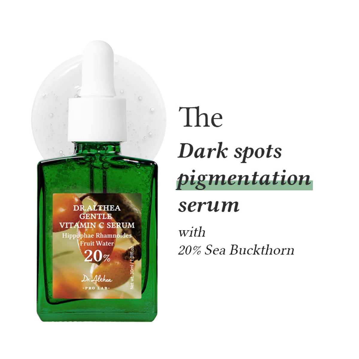 Green serum bottle with text about dark spots and pigmentation on a white background