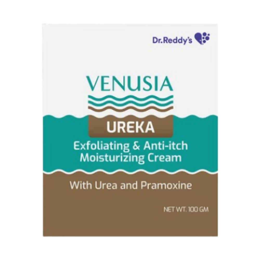 Venusia Ureka Exfoliating & Anti-Itch Moisturizing Cream packaging with Dr. Reddy's logo on a white background.