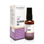 A product image showing Dr. Sheth's ABC Cleansing Gel in a clear pump bottle with a purple label, alongside its packaging box with similar color scheme.