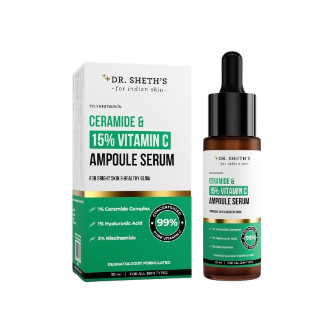 Dr. Sheth's Ceramide & 15% Vitamin C Ampoule Serum with packaging on a white background