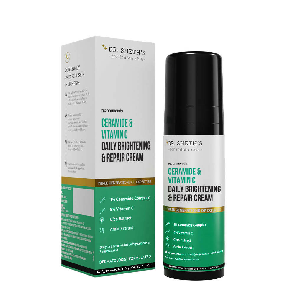 Dr. Sheth's Ceramide & Vitamin C Daily Brightening & Repair Cream with packaging on a white background