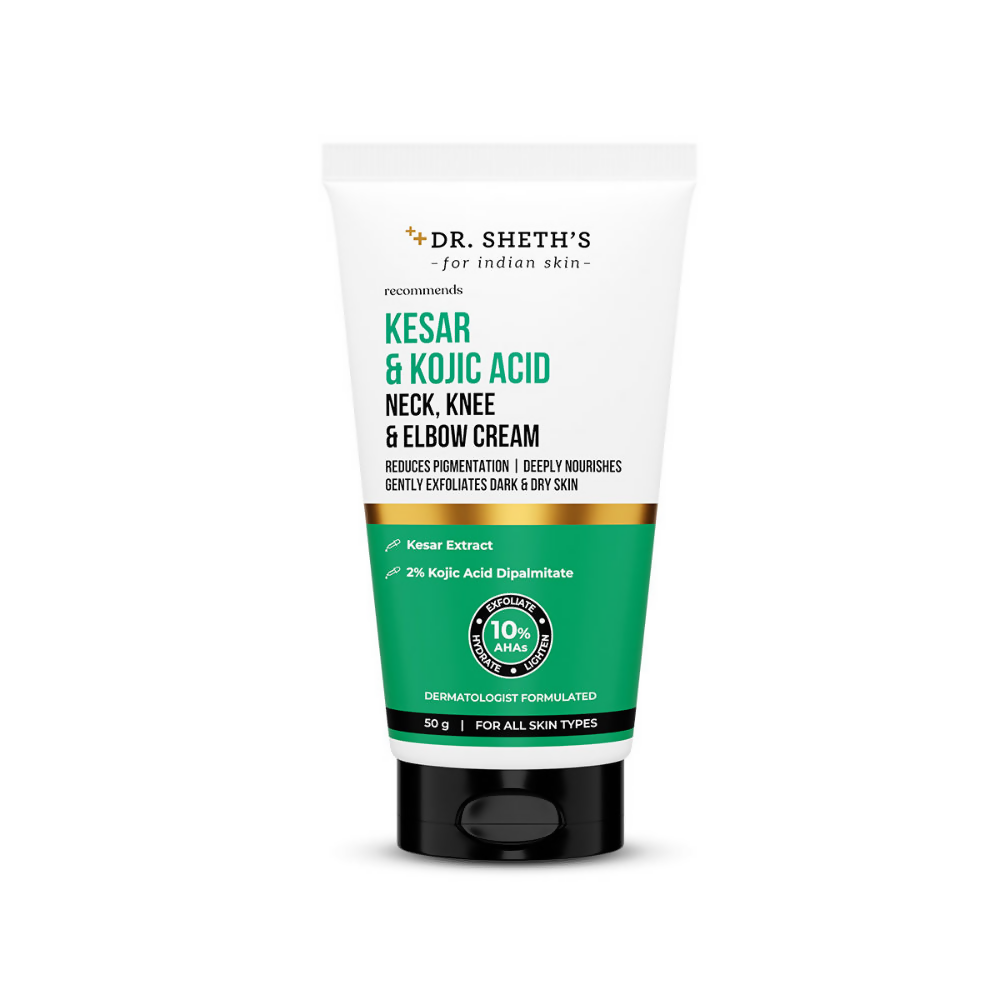 Dr. Sheth's Kesar & Kojic Acid Neck, Knee, Elbow Cream packaging on a white background