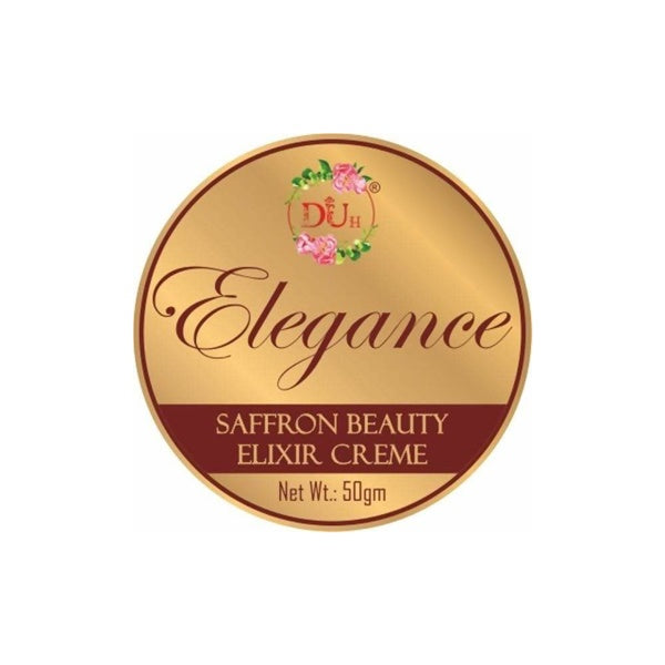 Gold container of Elegance Saffron Beauty Elixir Creme with brand logo on a white background