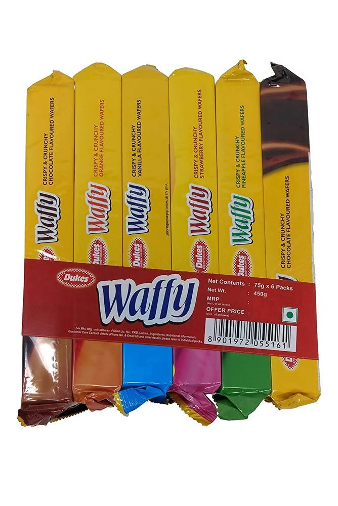 Pack of Waffy candy bars with colorful wrappers on a white background