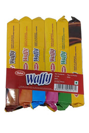 Pack of Waffy candy bars with colorful wrappers on a white background