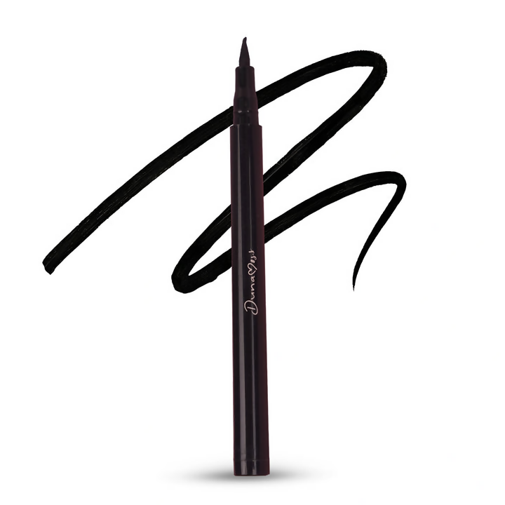 Black eyeliner pen with a signature on a white background