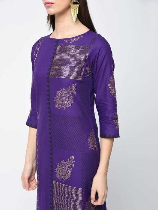 Aniyah Cotton Foil Printed Purple Straight Kurta (AN-134K)